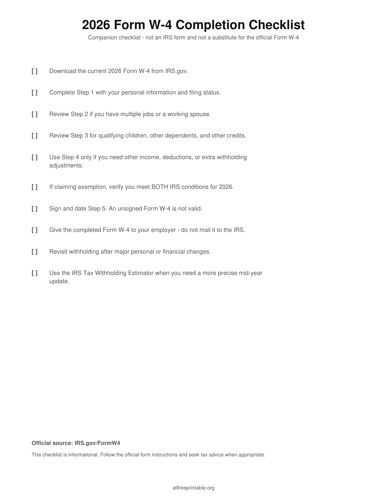 2026 W-4 completion checklist