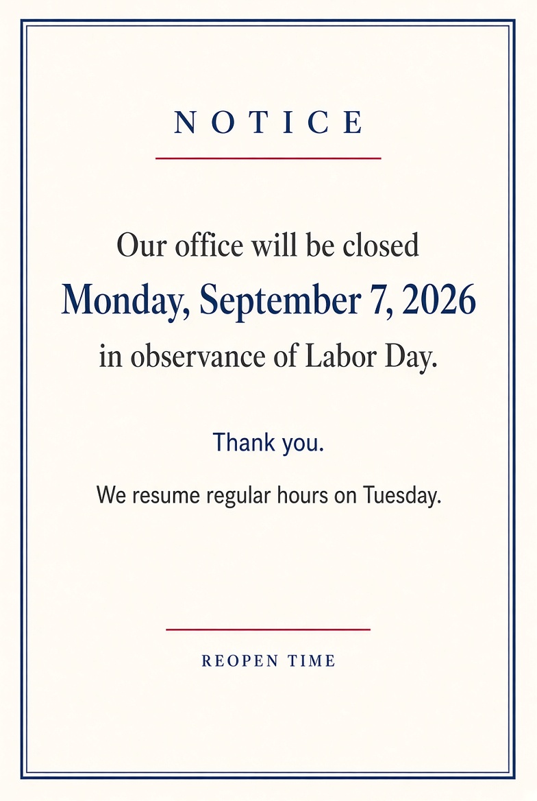 Free Printable Labor Day Closed Sign Template