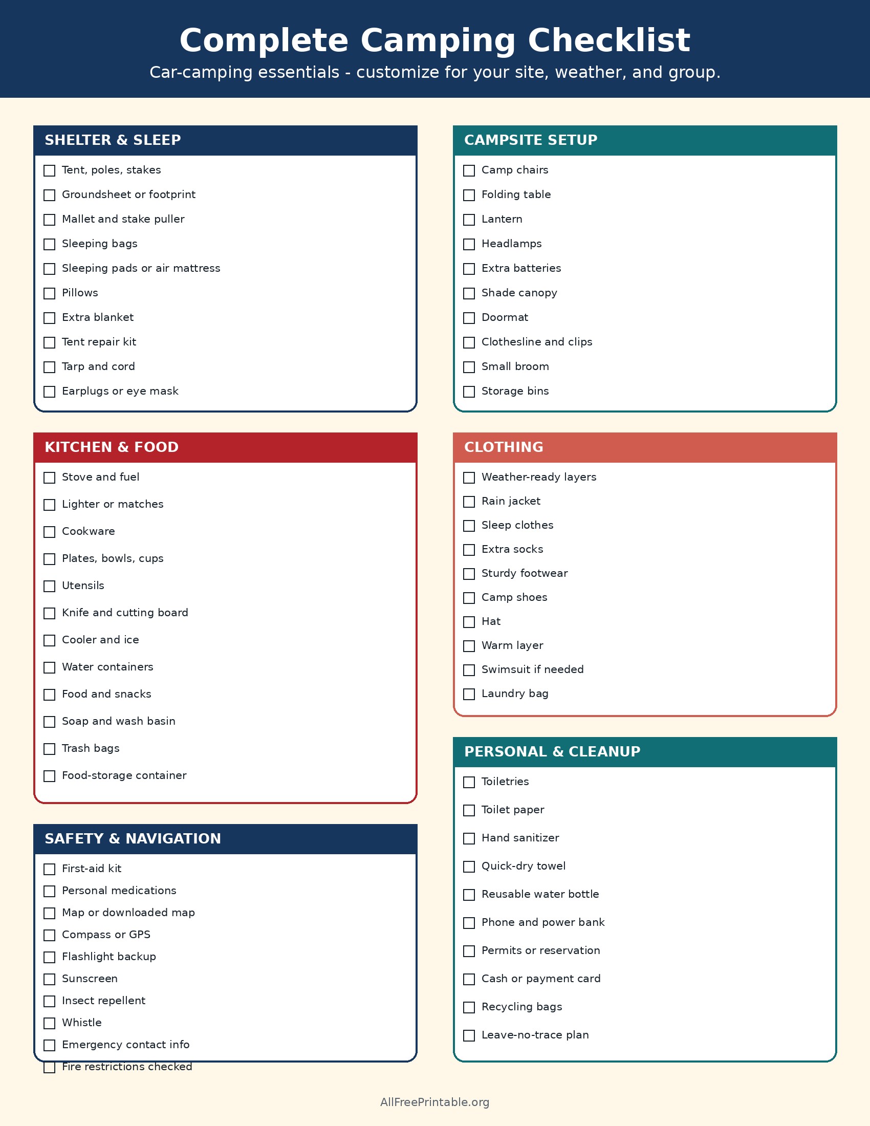 Complete printable camping checklist with shelter, kitchen, clothing, safety, and cleanup sections