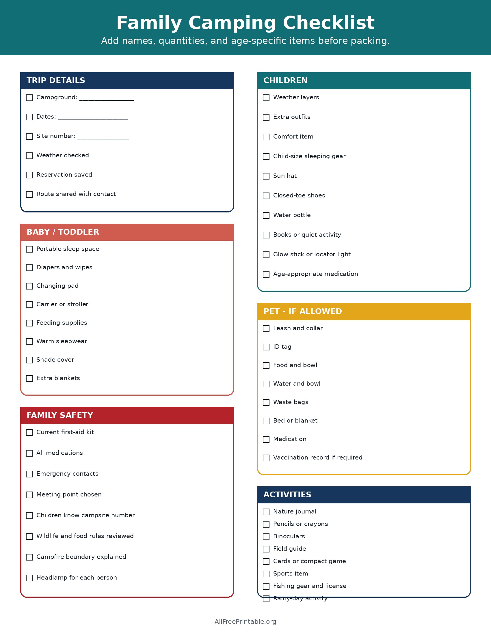 Printable family camping checklist for children toddlers pets safety and activities