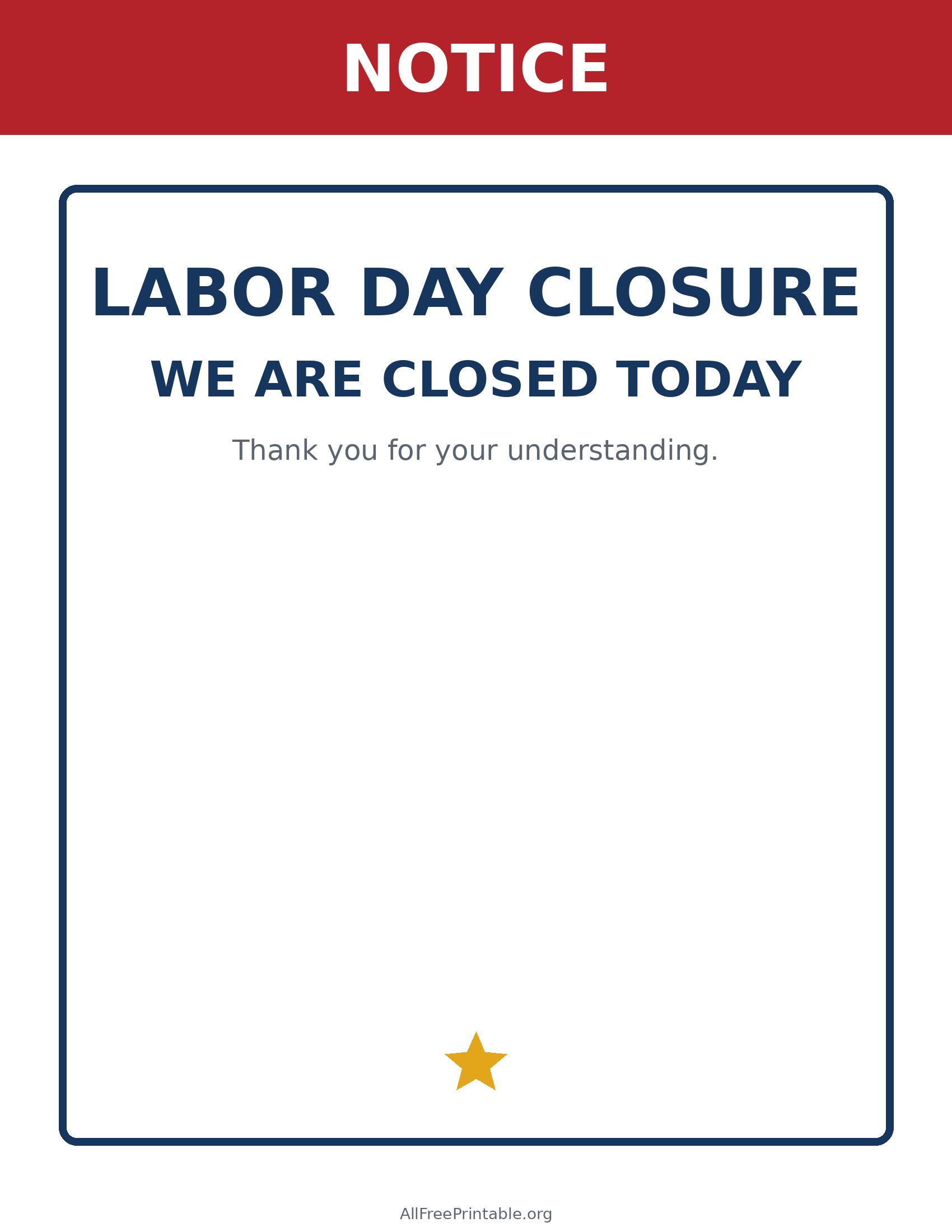 Labor Day closure notice printable sign for a store or office