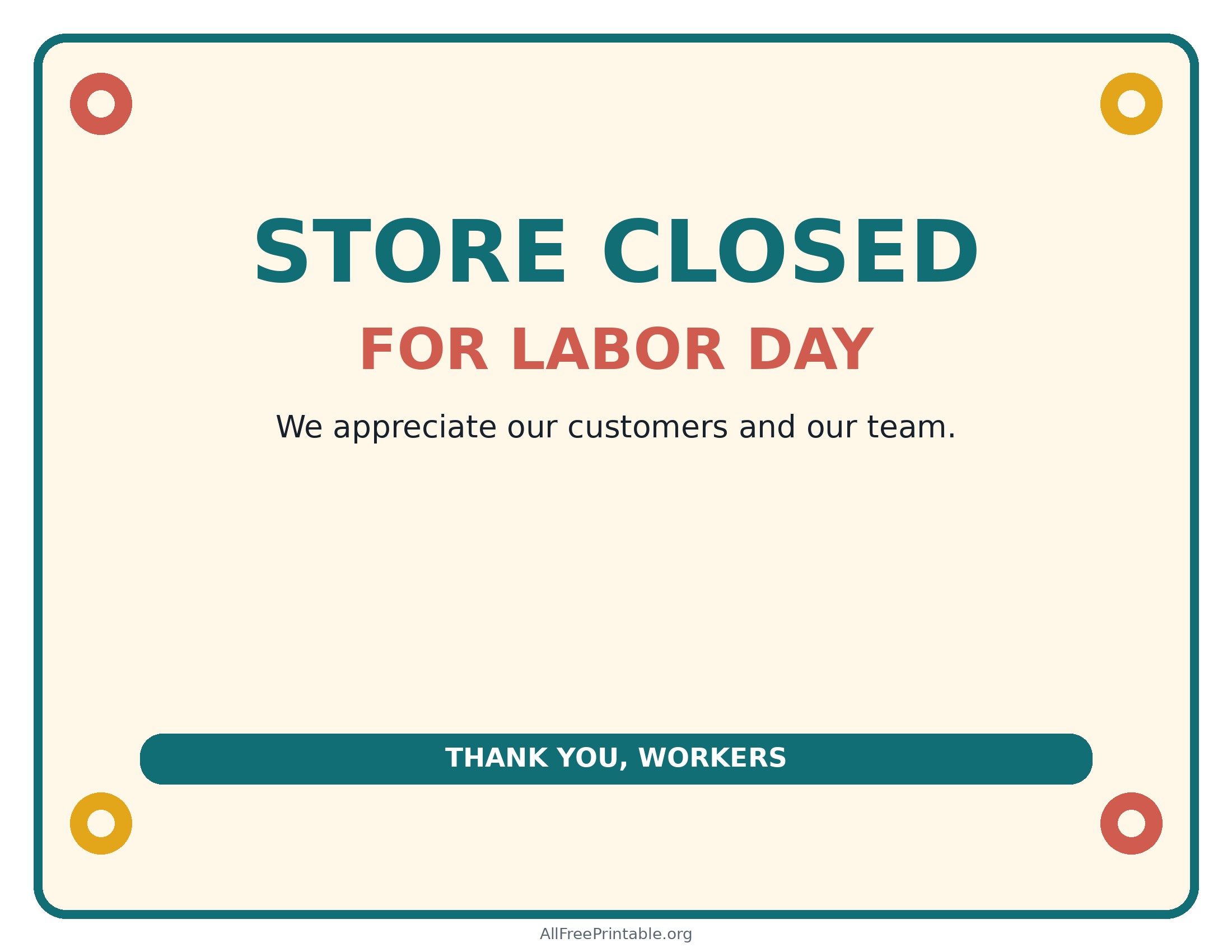Store Closed for Labor Day printable sign with customer thank-you message