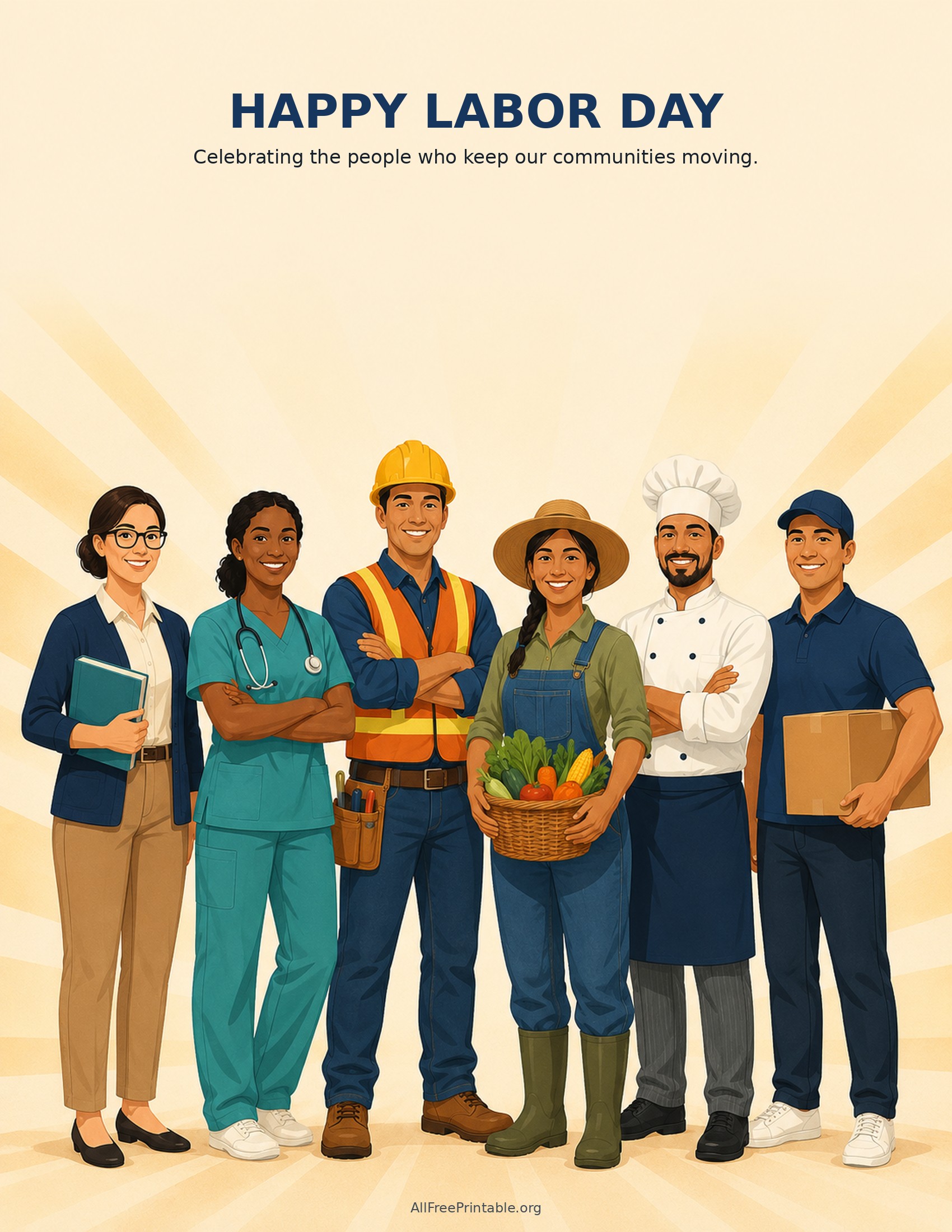 Printable Happy Labor Day image celebrating diverse workers
