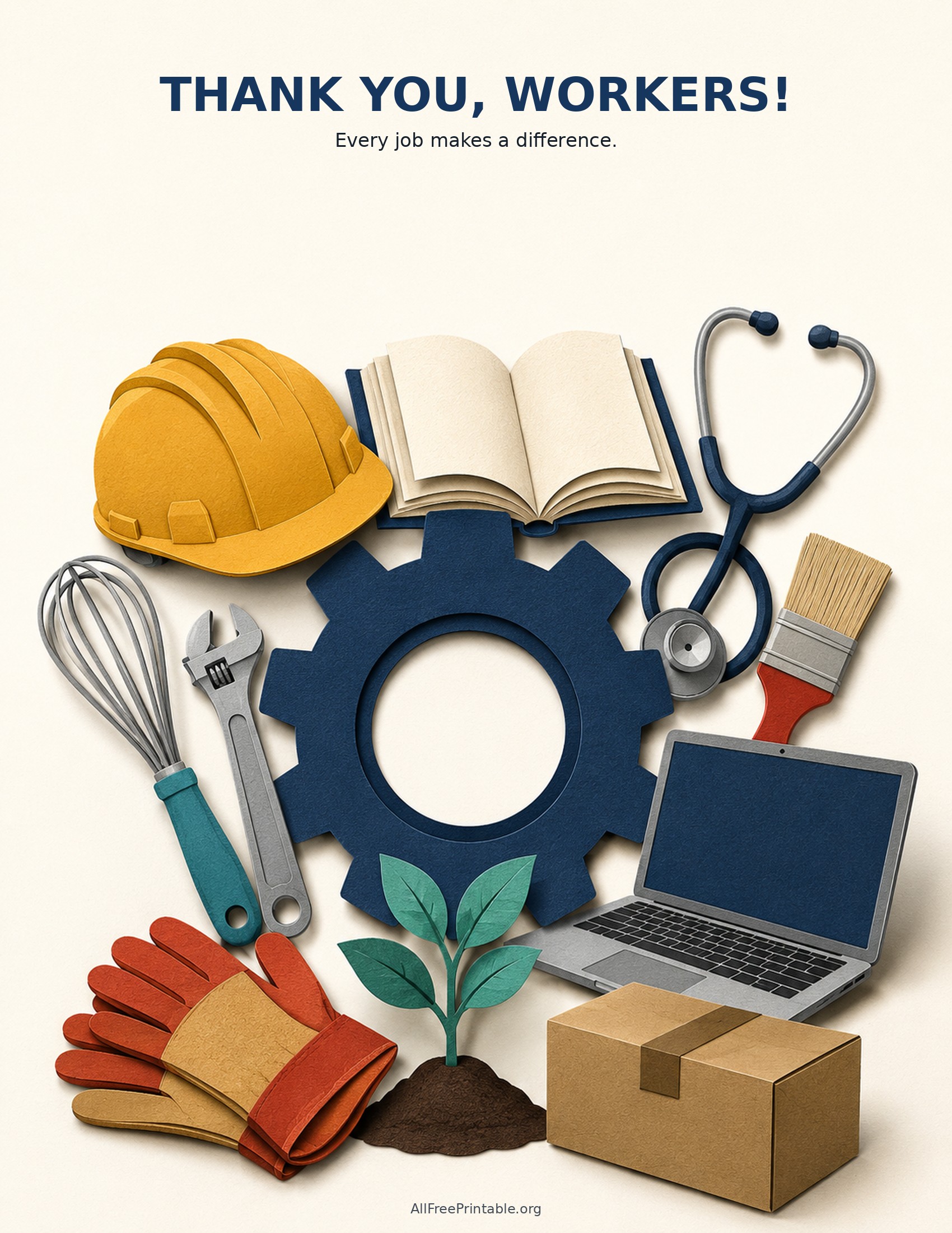 Printable Thank You Workers Labor Day image with tools and gear