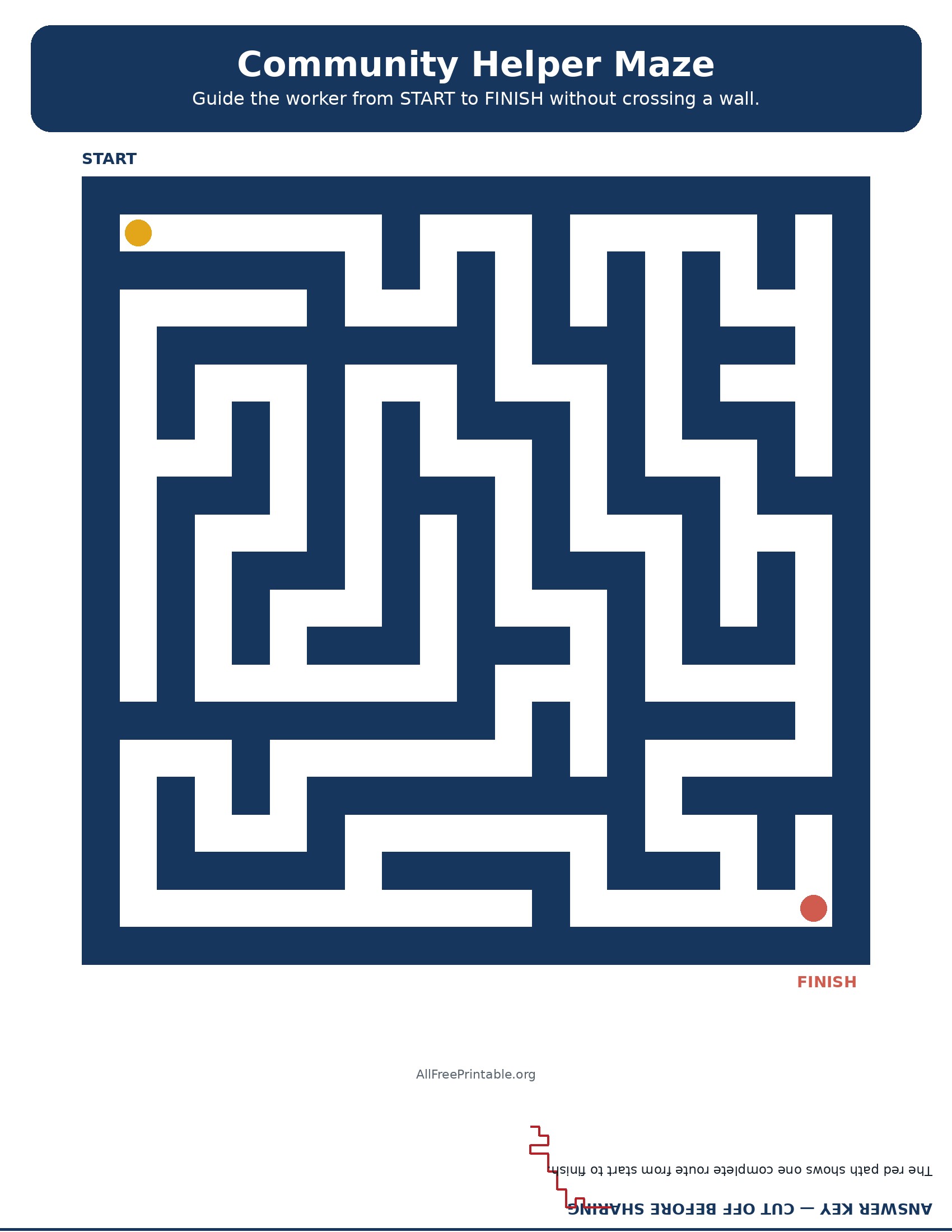 Printable Labor Day community helper maze with solution
