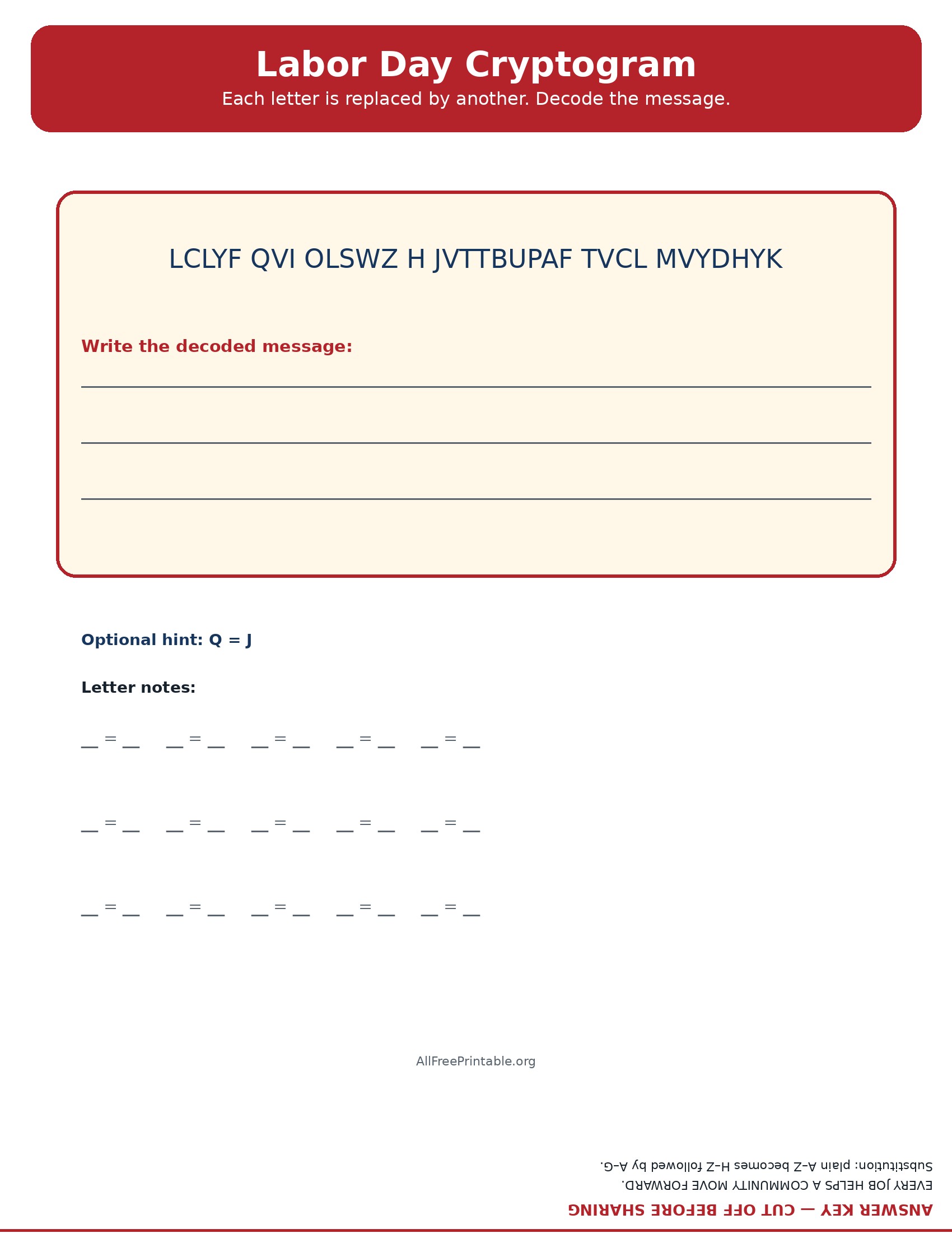 Printable Labor Day cryptogram puzzle with answer key