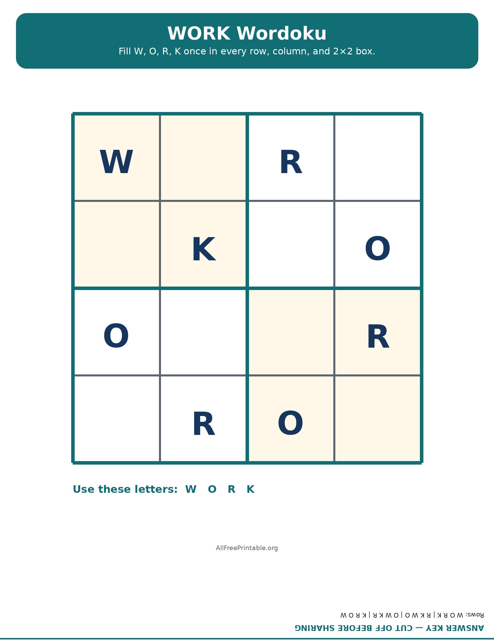 Printable Labor Day WORK Wordoku puzzle with answer key