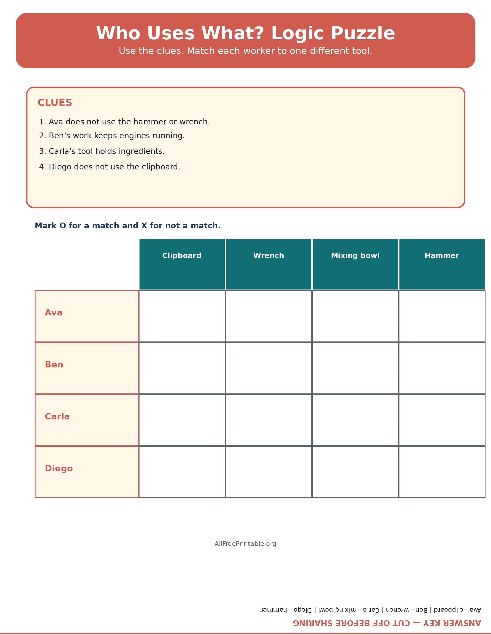 Printable Labor Day jobs logic puzzle with answer key