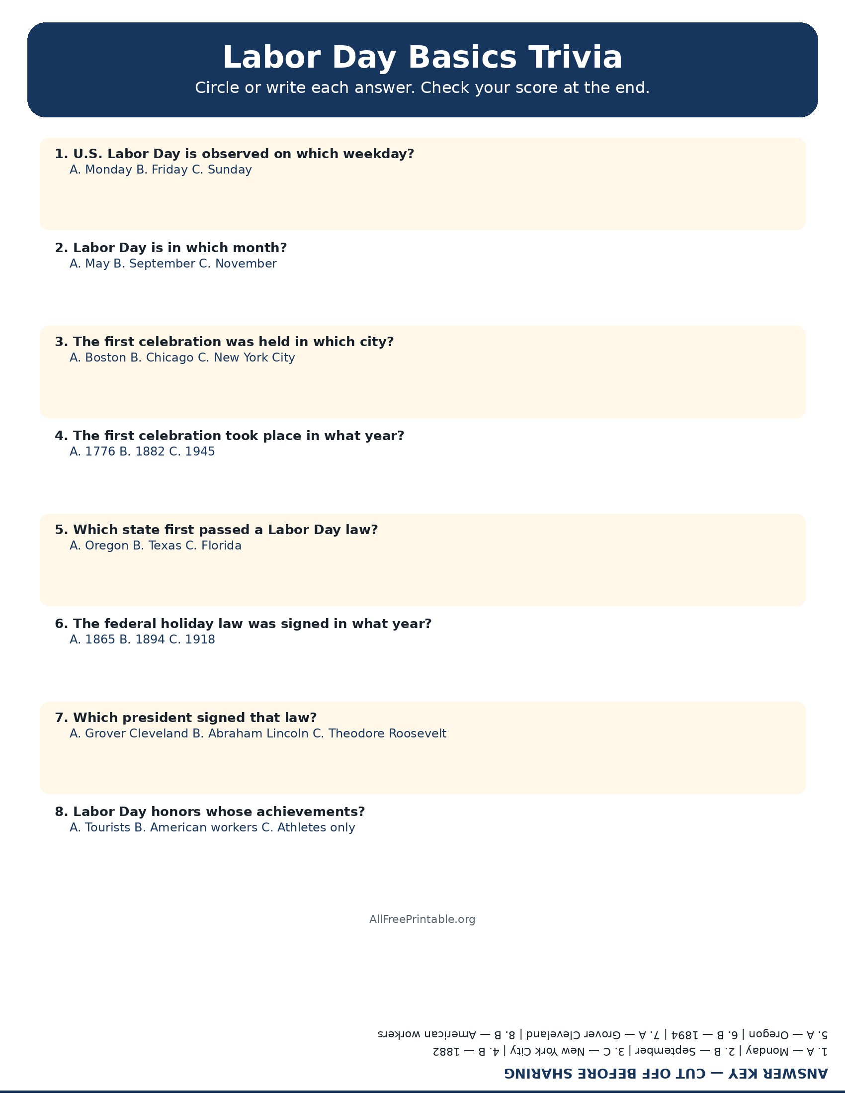Free printable Labor Day basics trivia with answers