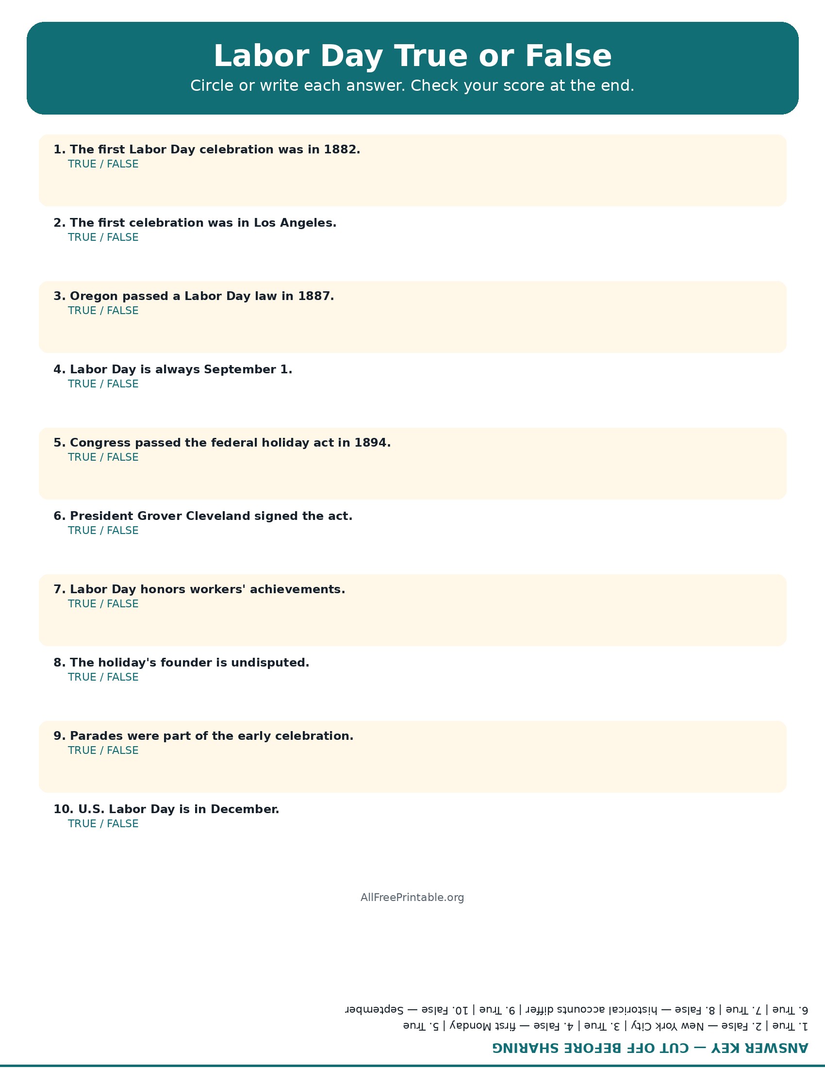 Free printable Labor Day true or false trivia with answer key