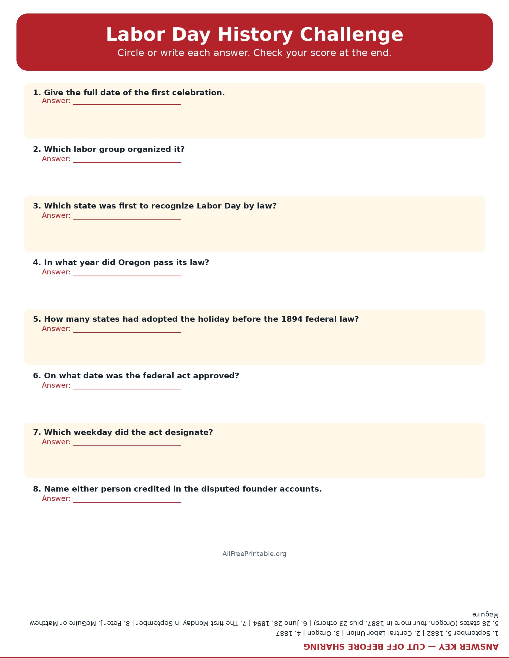 Free printable Labor Day history trivia with answers