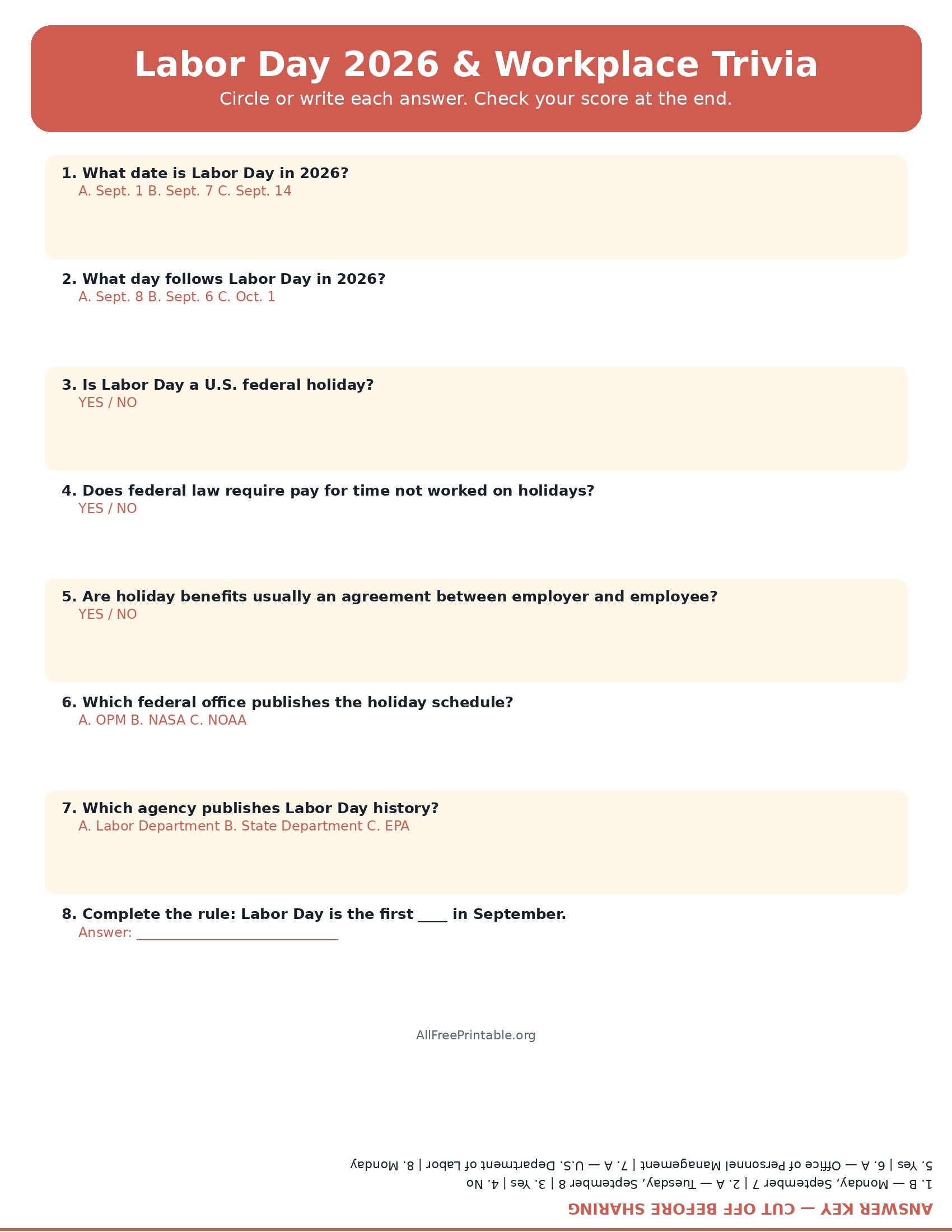 Free printable Labor Day 2026 and workplace trivia with answers