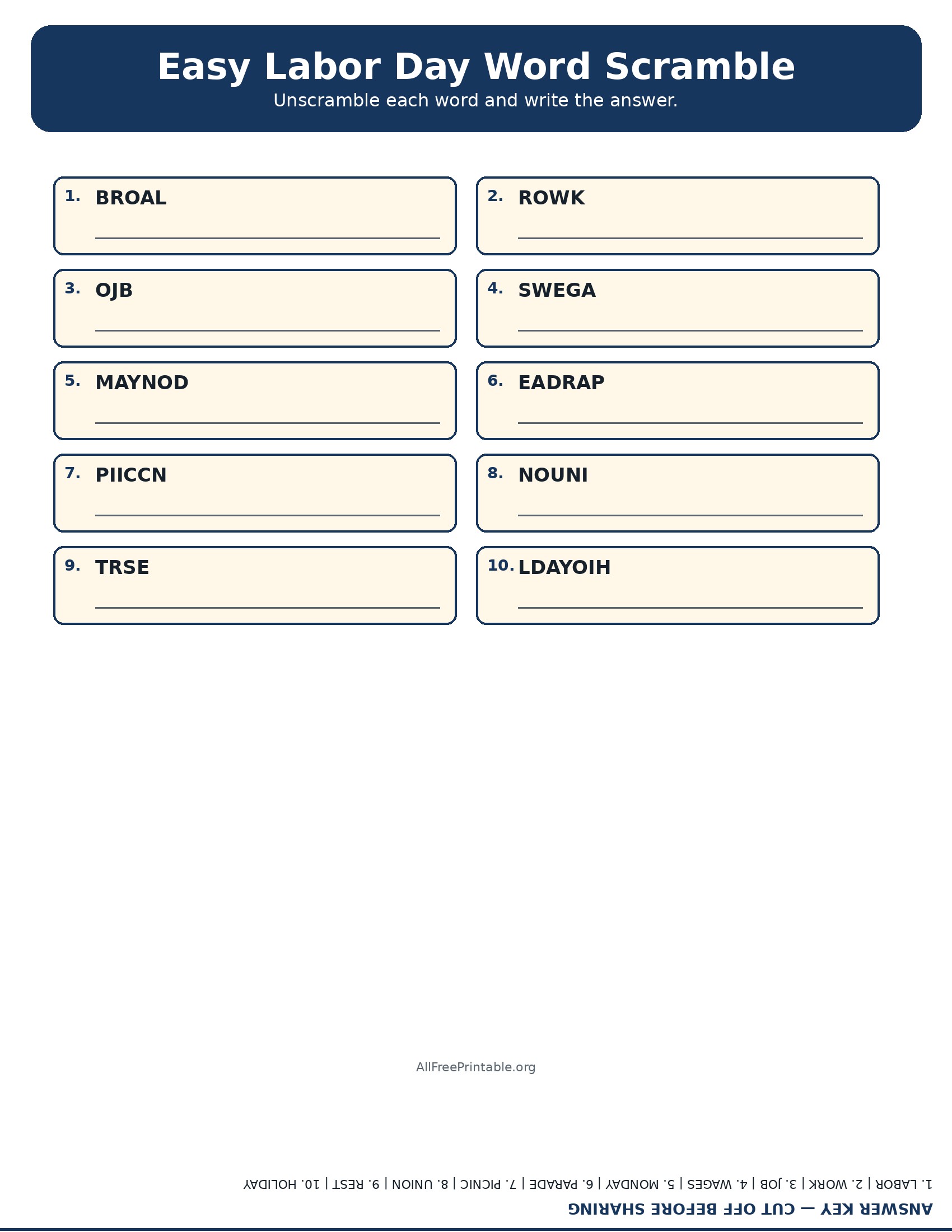 Easy printable Labor Day word scramble with answer key