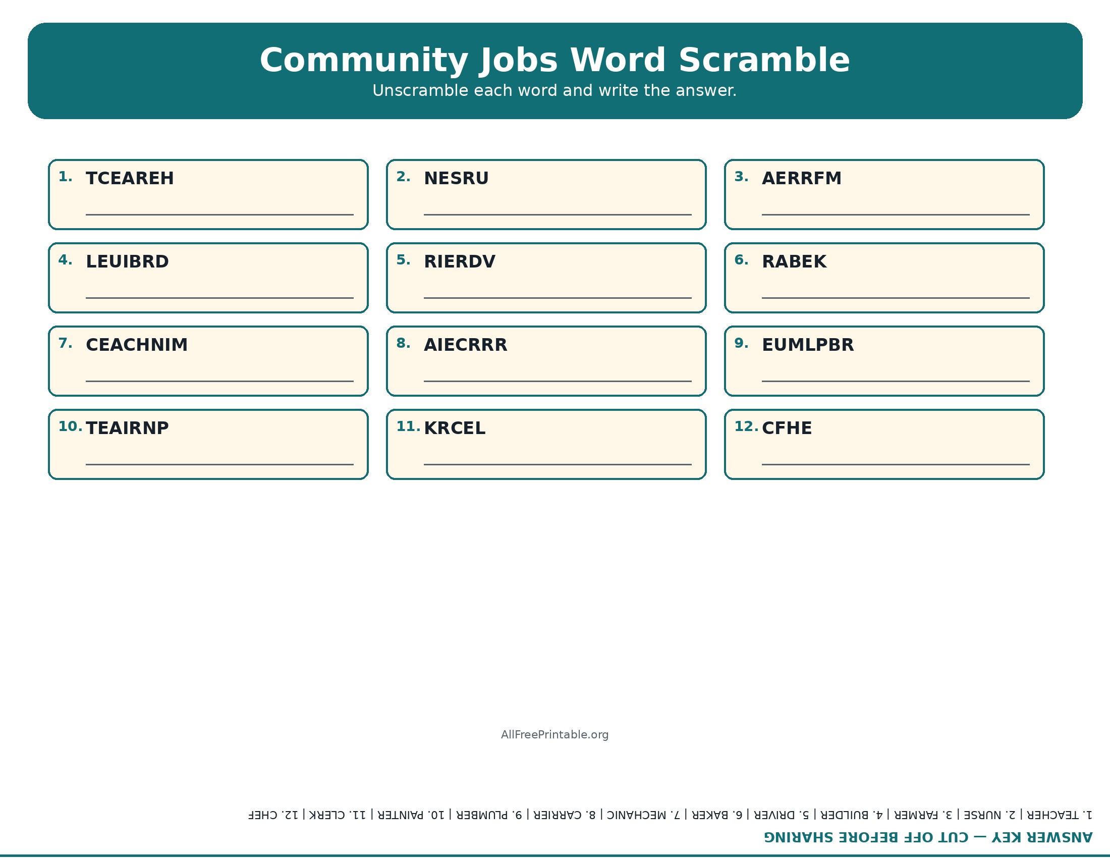 Printable community jobs Labor Day word scramble with answers