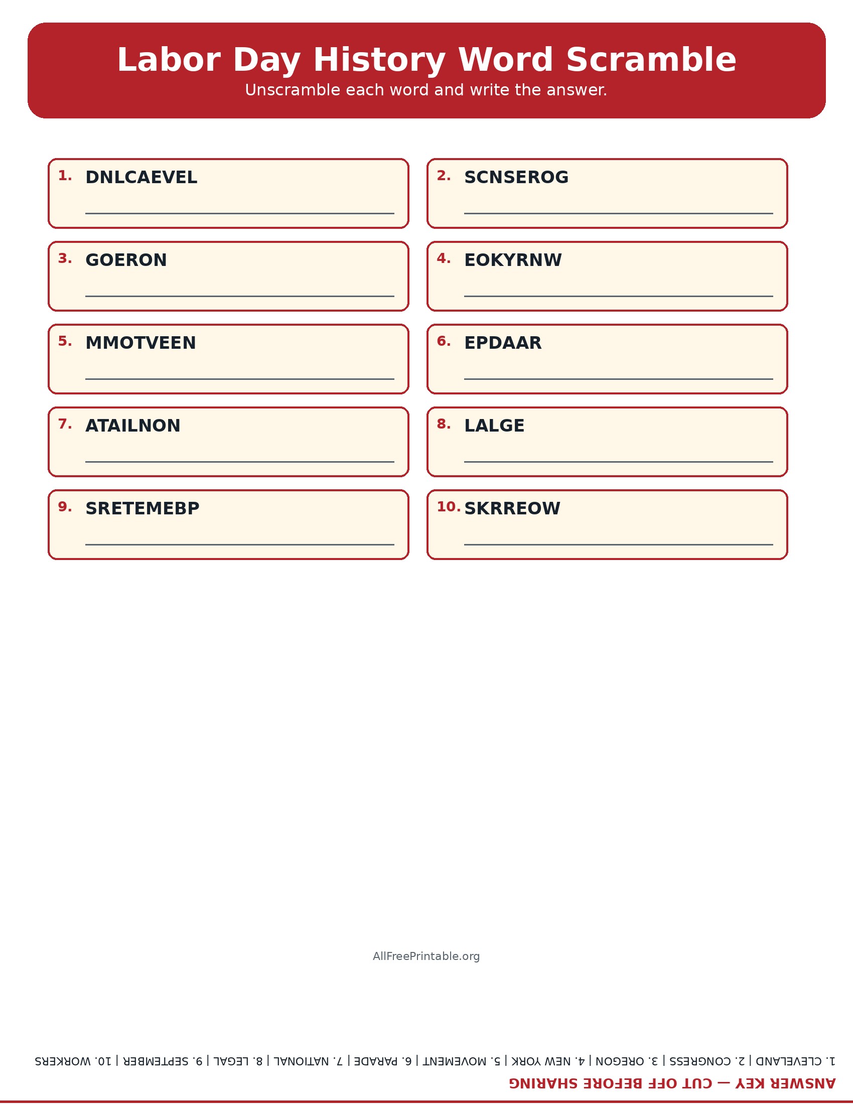Printable Labor Day history word scramble with answer key