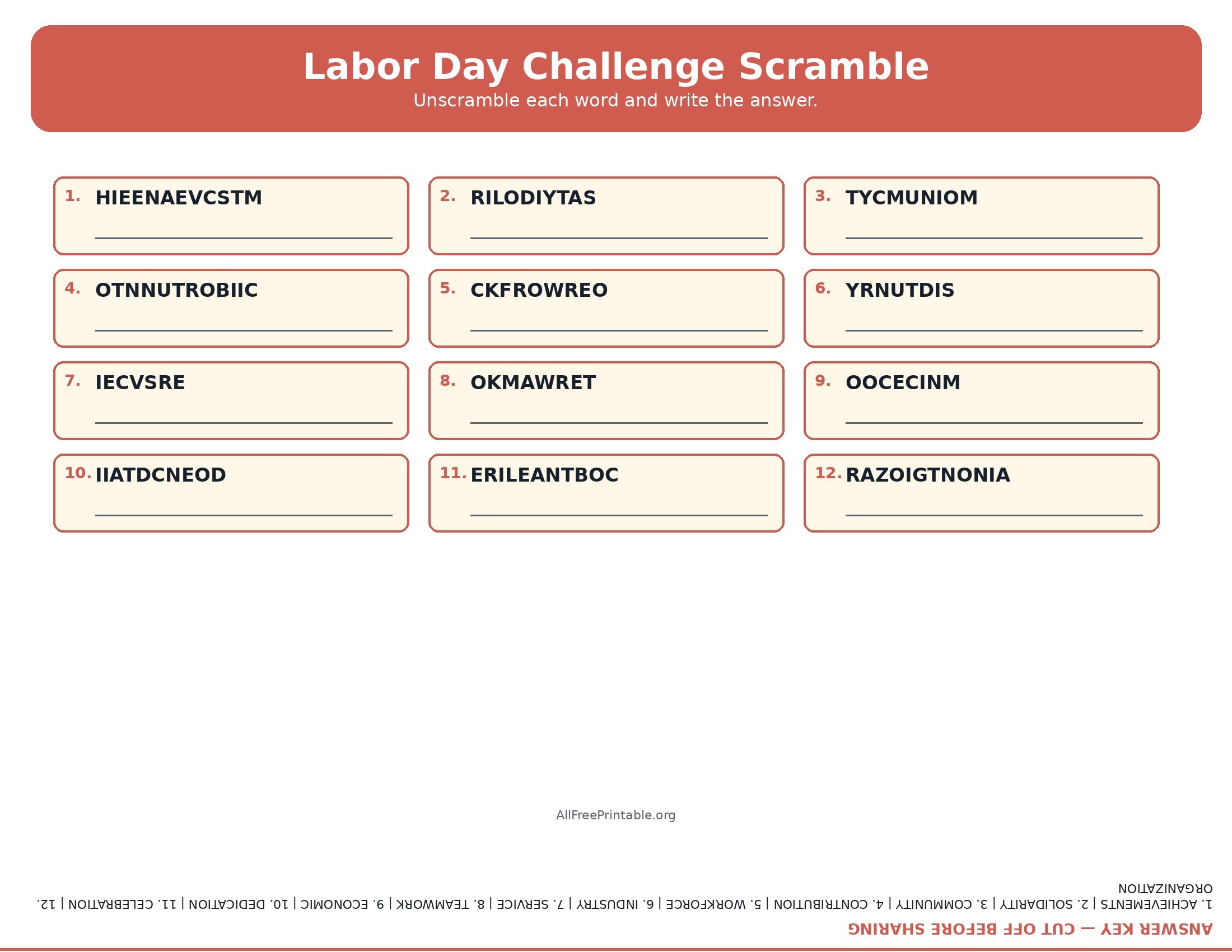 Challenging printable Labor Day word scramble with answers