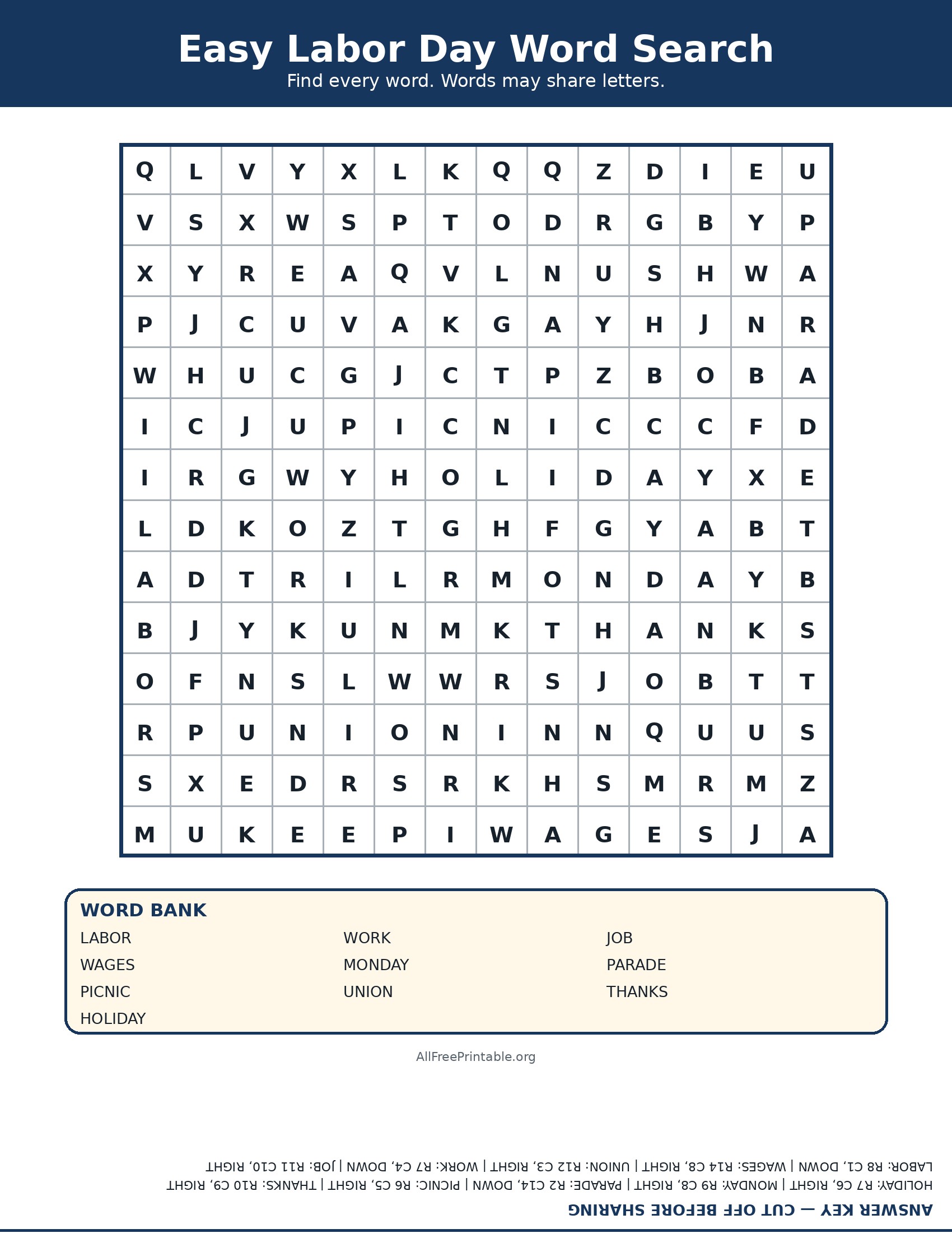Easy printable Labor Day word search with ten words and answer key