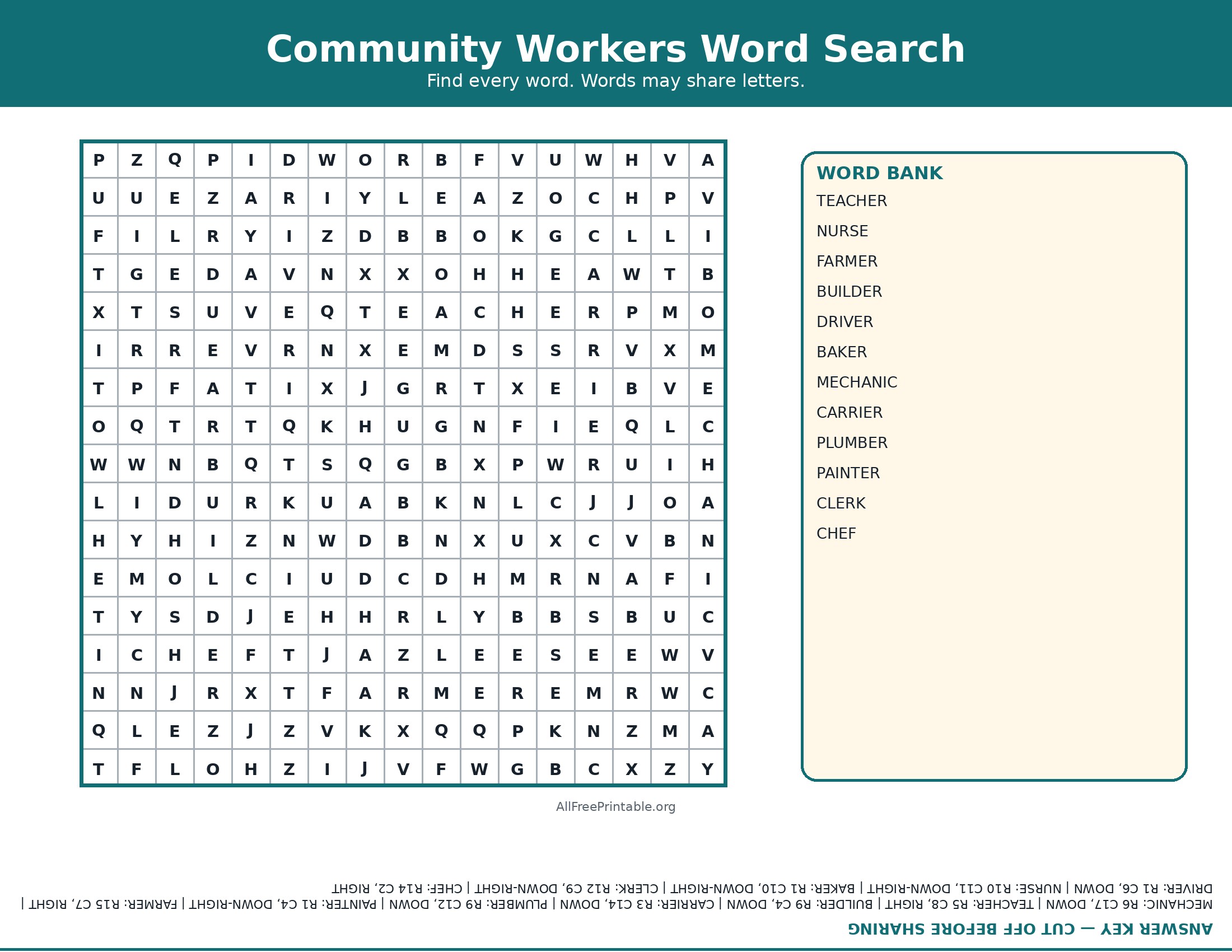 Printable community workers Labor Day word search with answer key