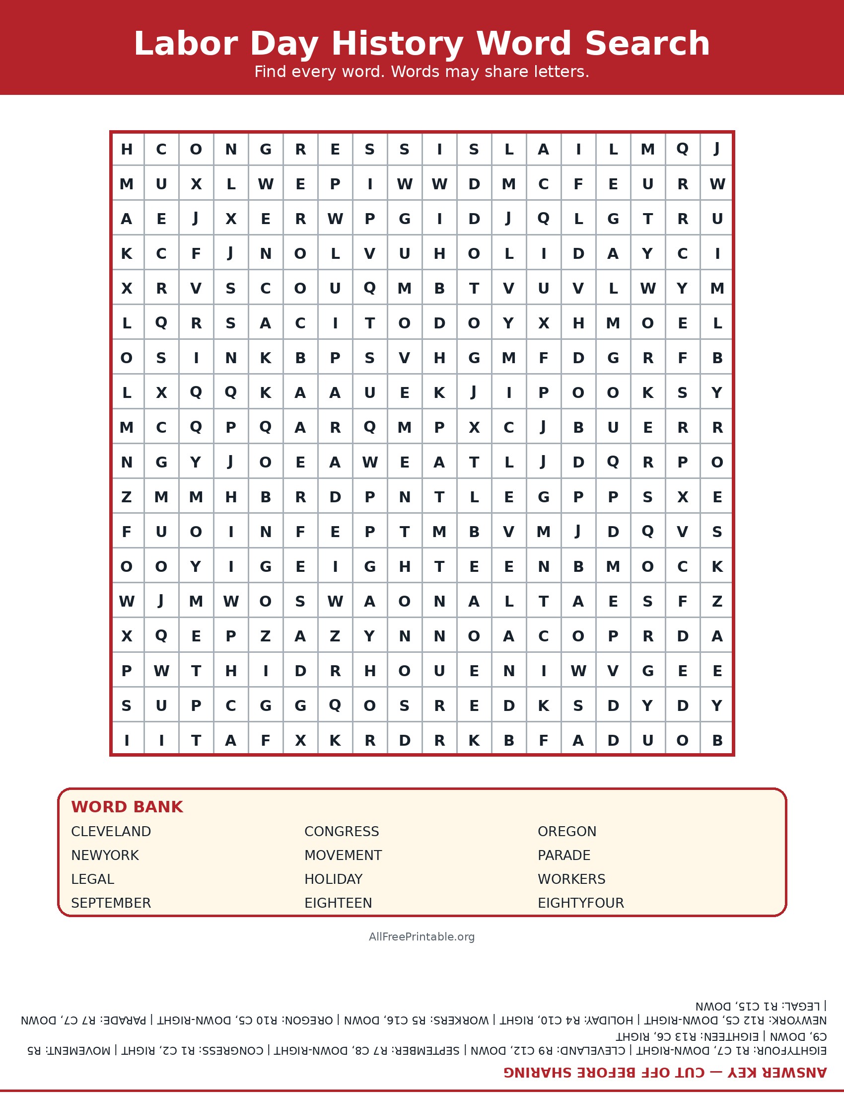 Printable Labor Day history word search puzzle with answer key