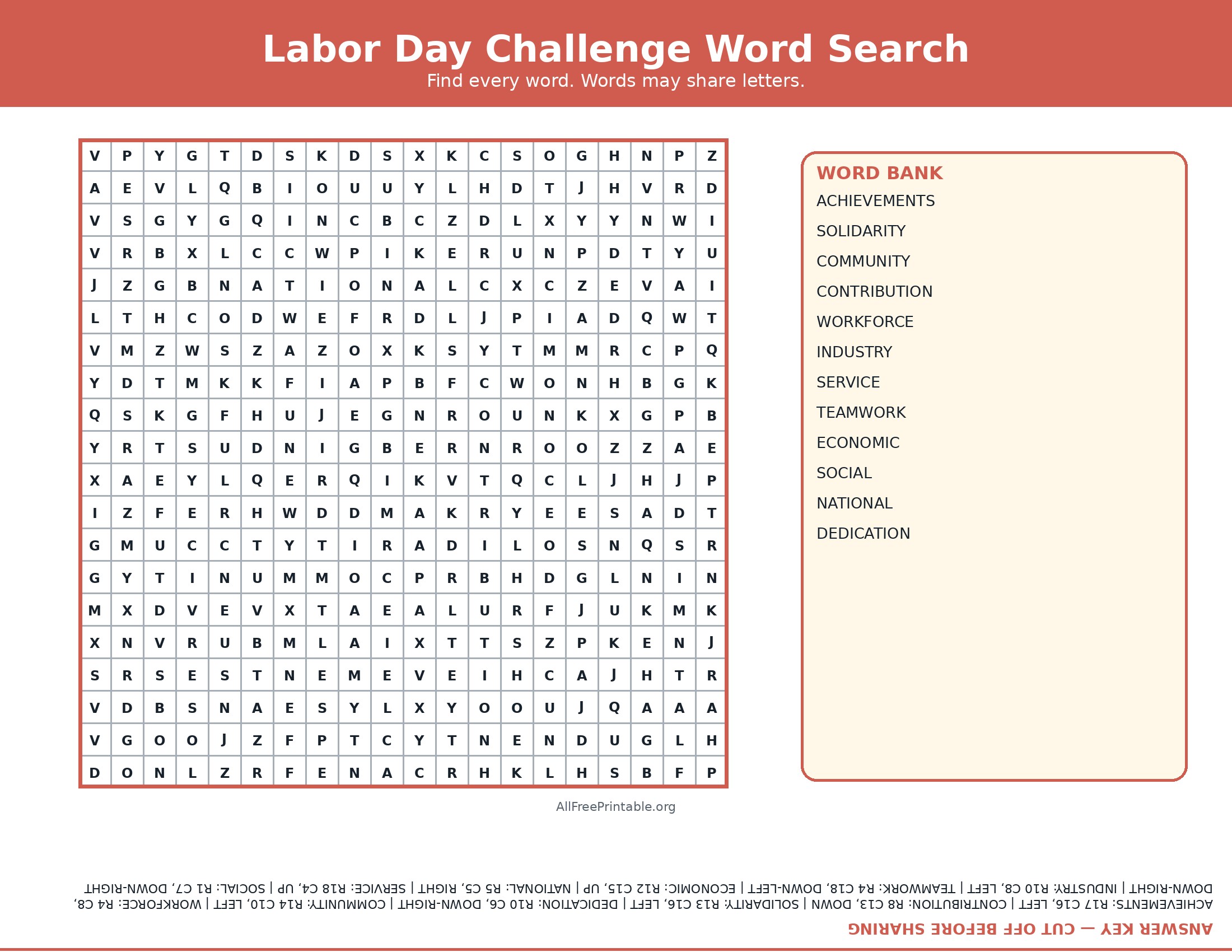 Challenging printable Labor Day word search with answer key