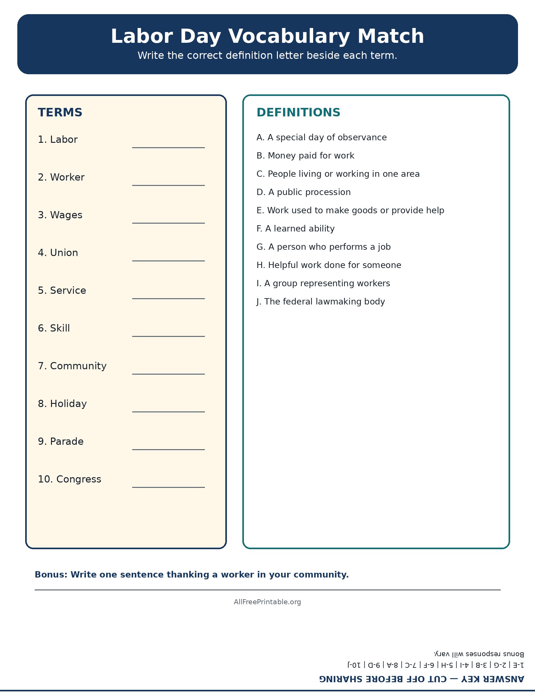 Printable Labor Day vocabulary matching worksheet with answer key