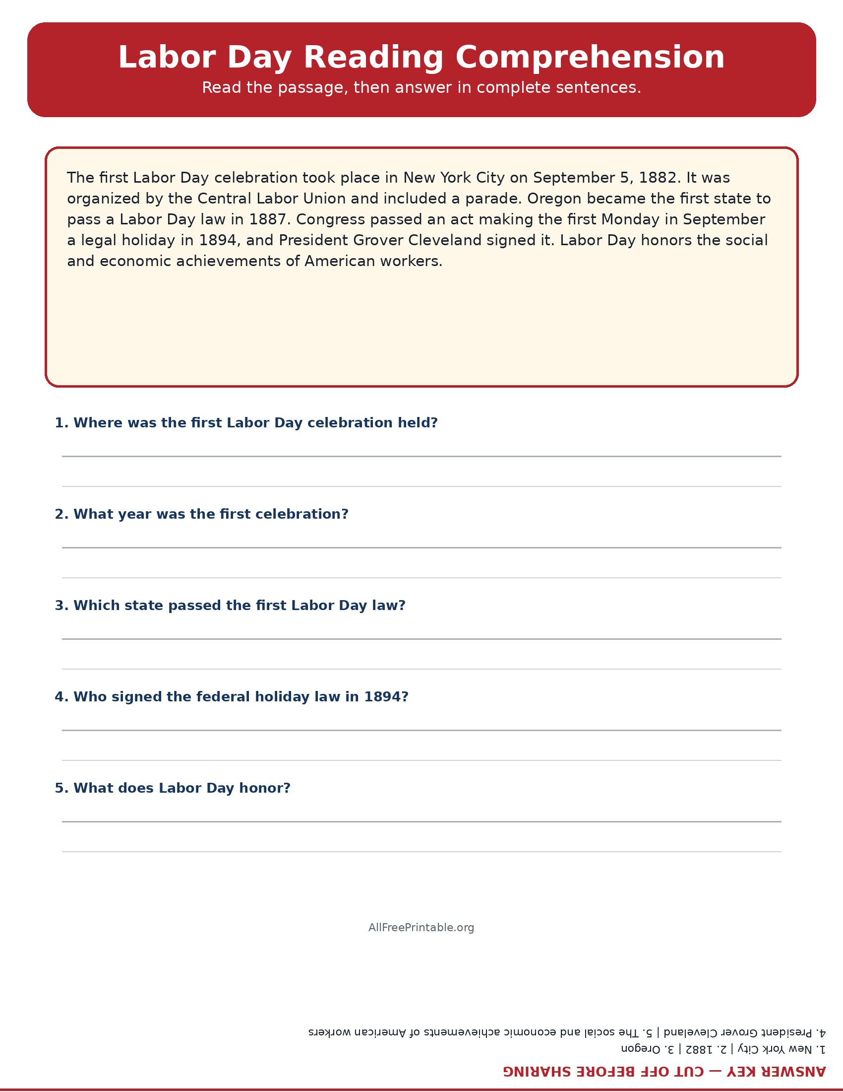 Printable Labor Day reading comprehension worksheet with answers