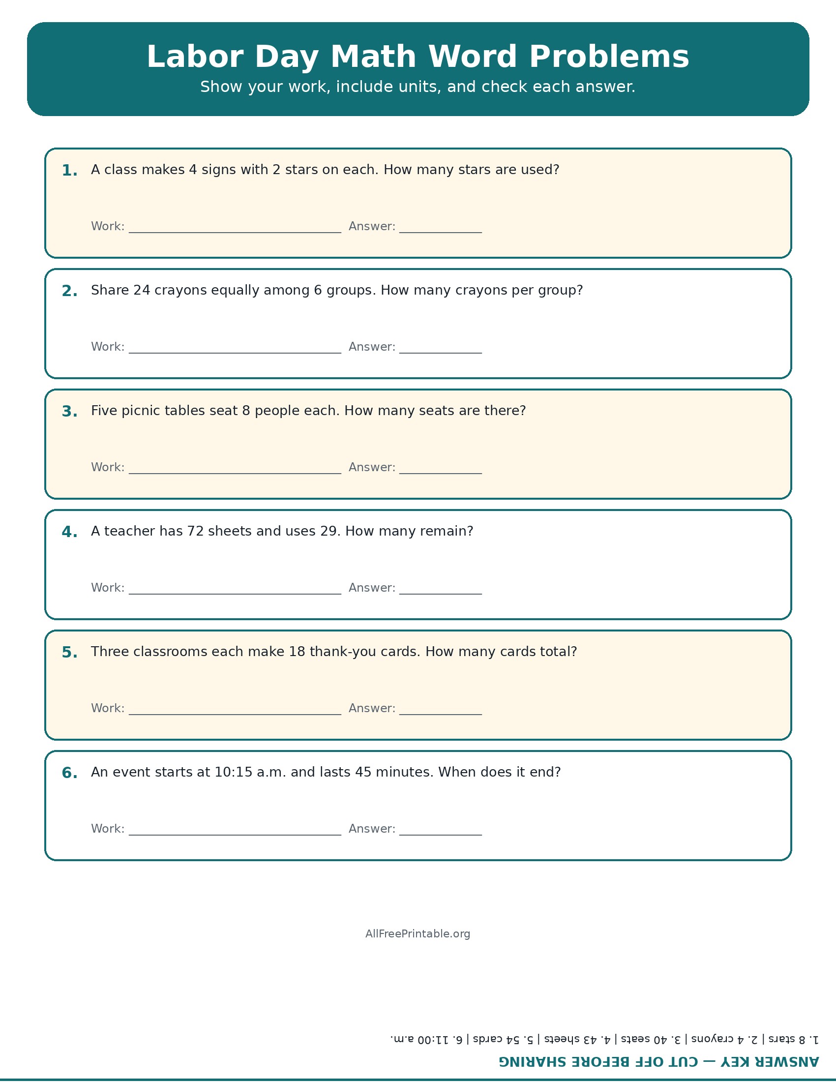 Printable Labor Day math word problems worksheet with answer key