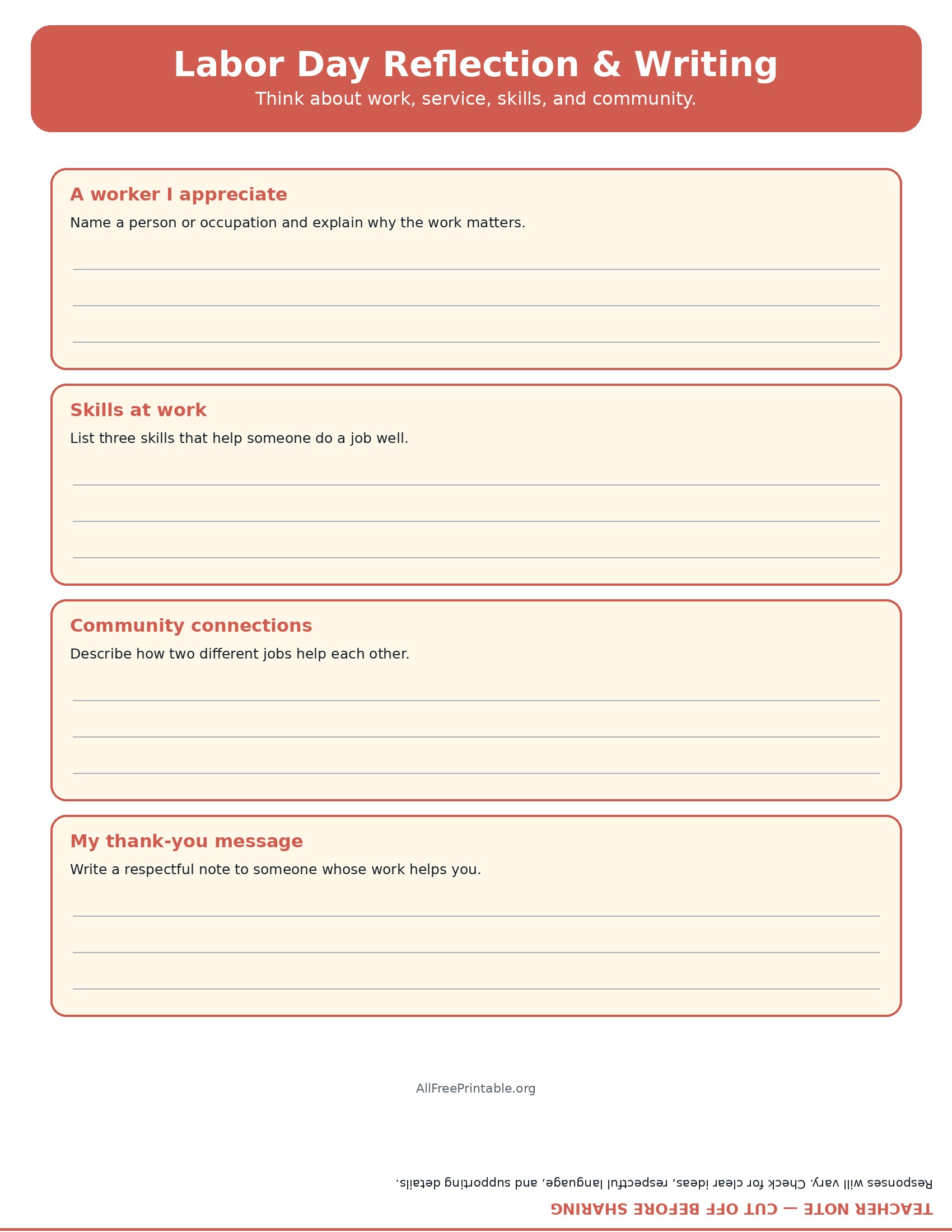 Printable Labor Day reflection and writing worksheet