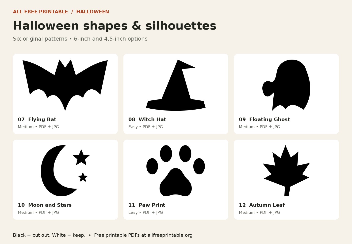 Printable bat, witch hat, ghost, moon and stars, paw print, and autumn leaf pumpkin stencils