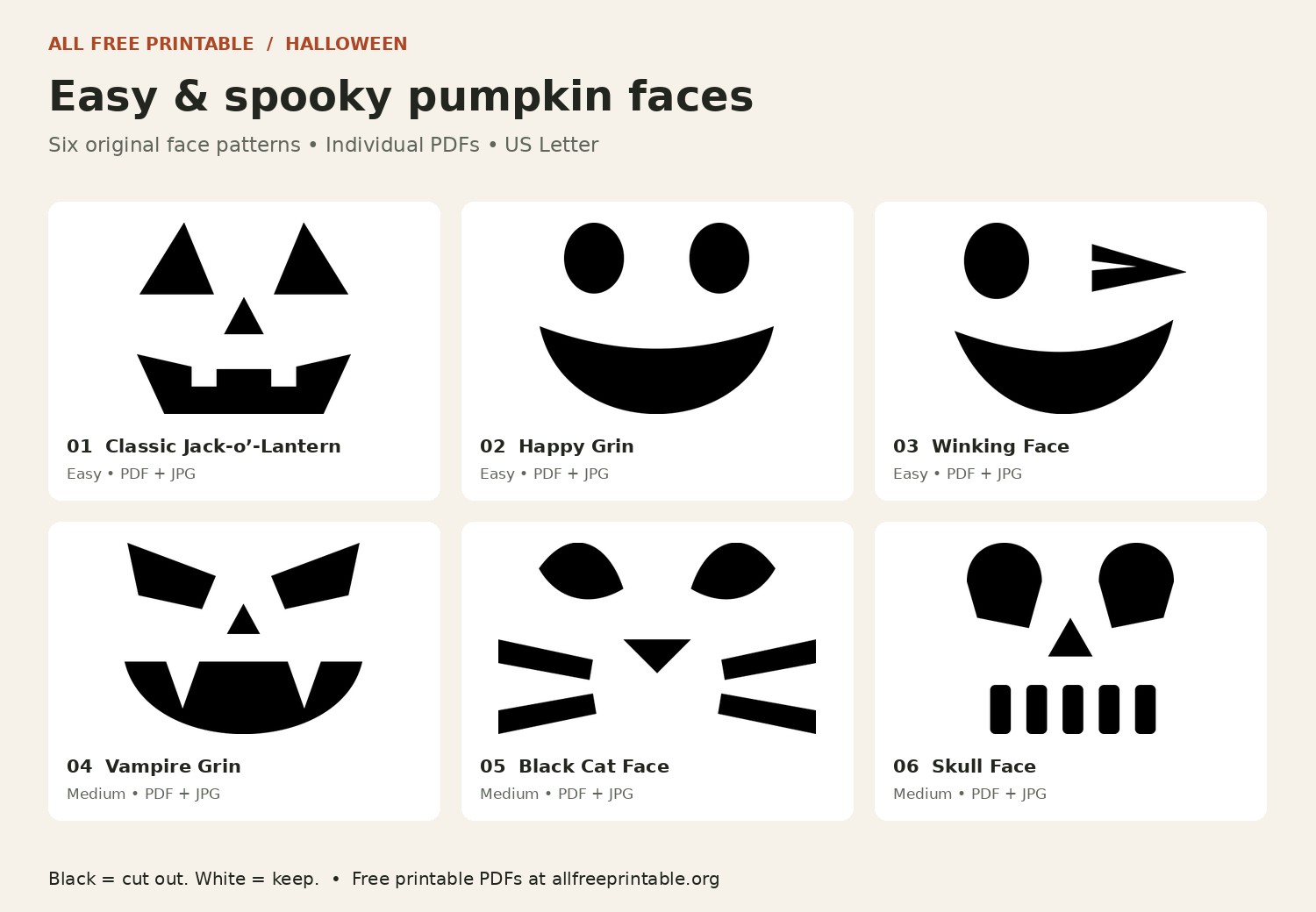 Six printable pumpkin face stencils: classic jack-o’-lantern, happy grin, wink, vampire, cat, and skull